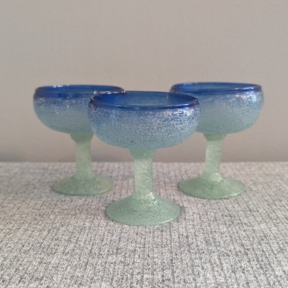 Unbranded Other - Mexican Cobalt Rim Hand Blown-Glass Mini Margarita/Dessert/Sorbet Cups, Set of 3